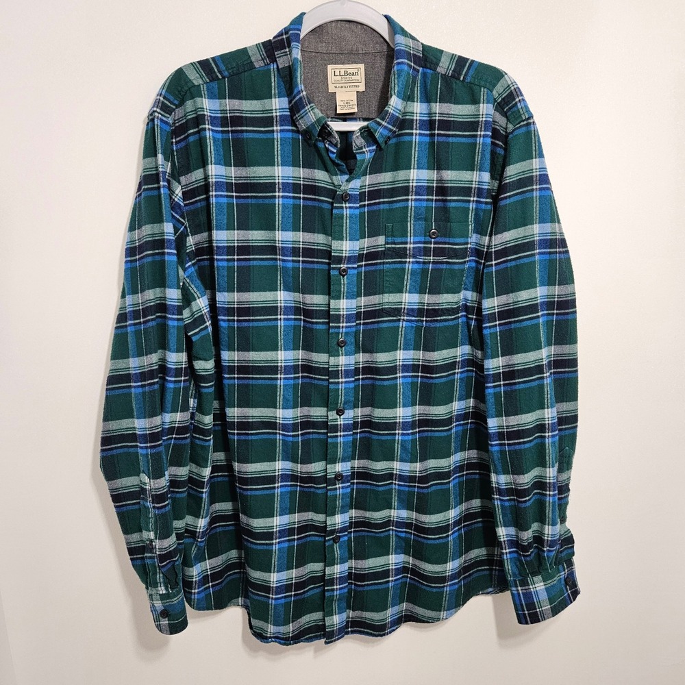 LL Bean Mens Flannel Shirt 100% Cotton Slightly Fitted Plaid Gorocore Blue L